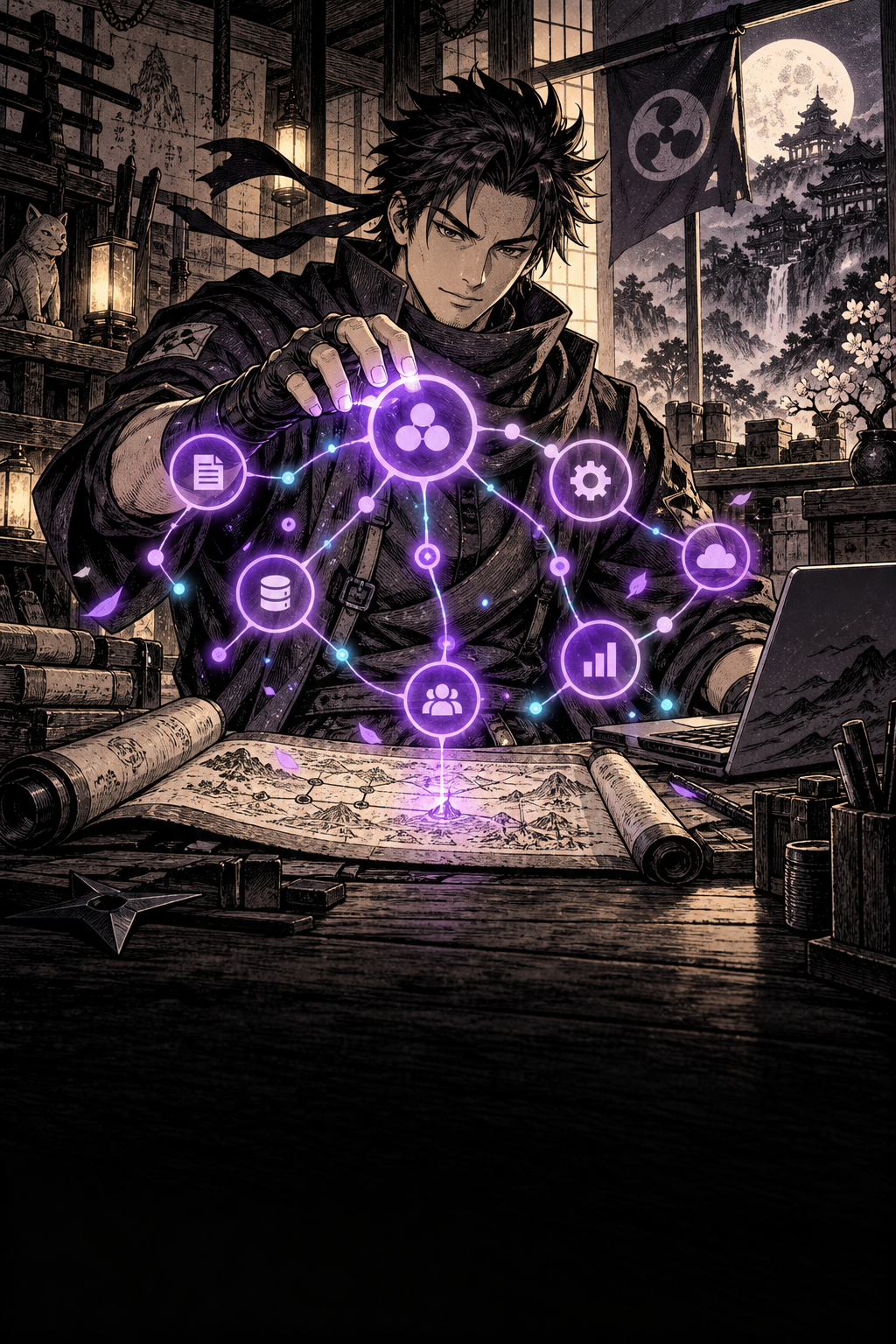 Manga illustration of an adult ninja engineer connecting glowing purple AI workflow nodes above a scroll