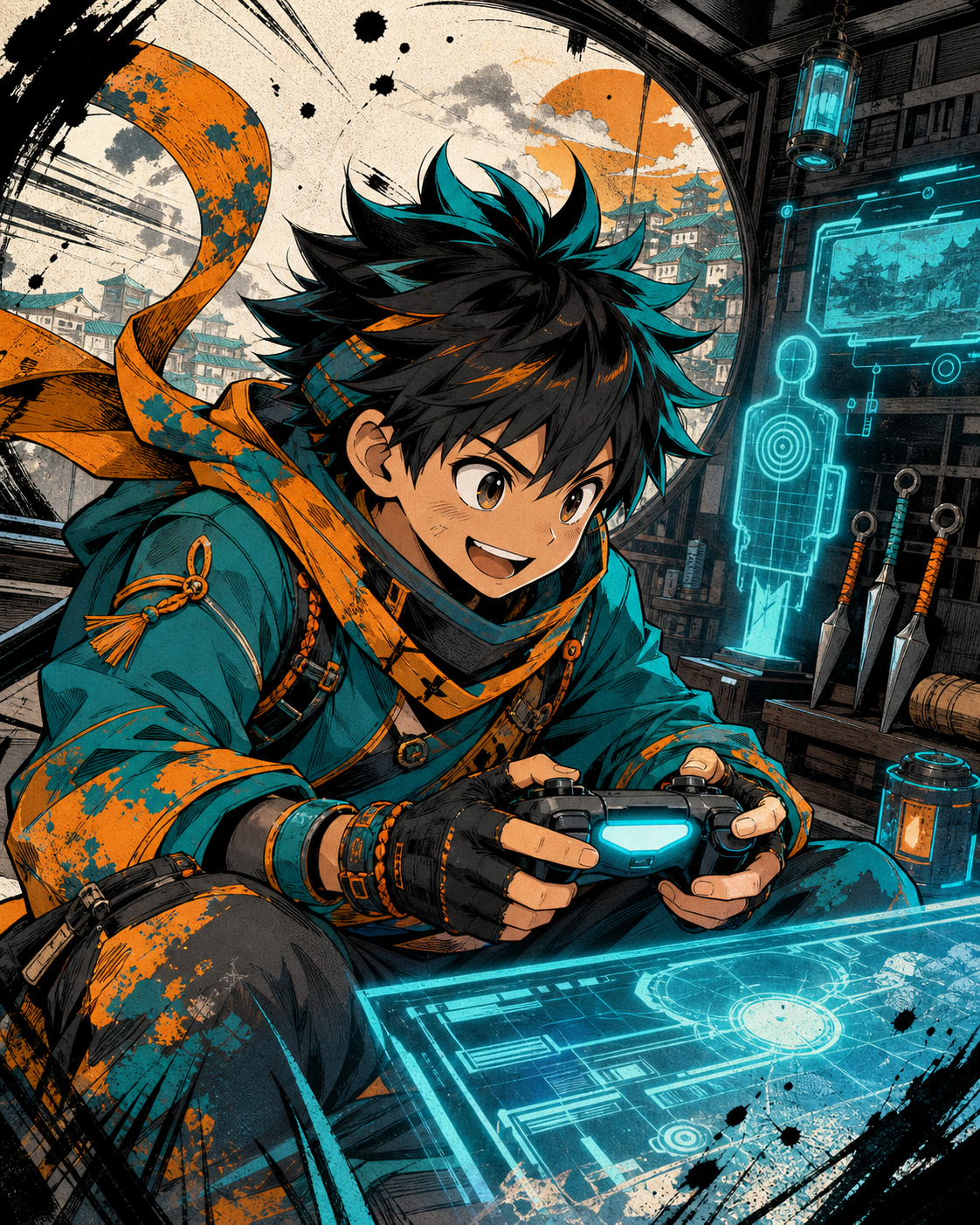 Original manga illustration of a young ninja gaming in a futuristic training room