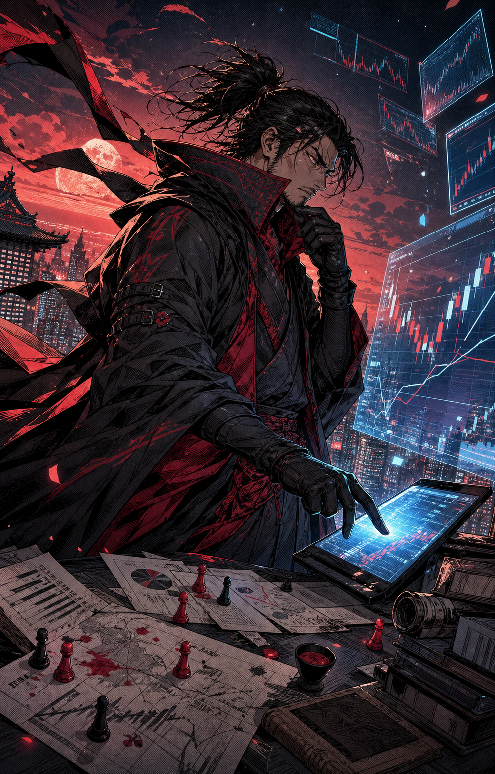 Original manga illustration of an adult man ninja analyzing stock-market charts