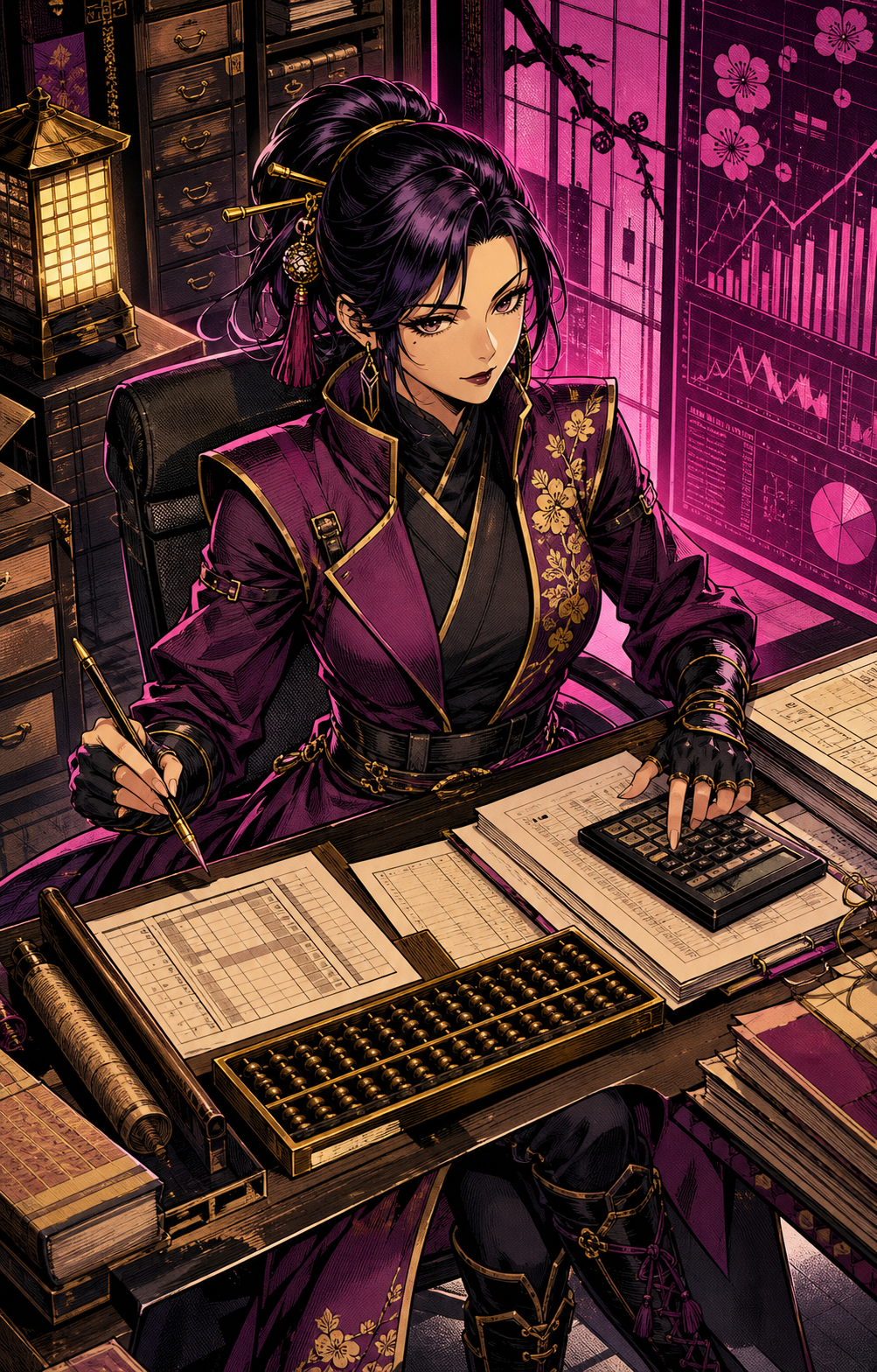 Original manga illustration of a confident adult woman ninja working with company accounts